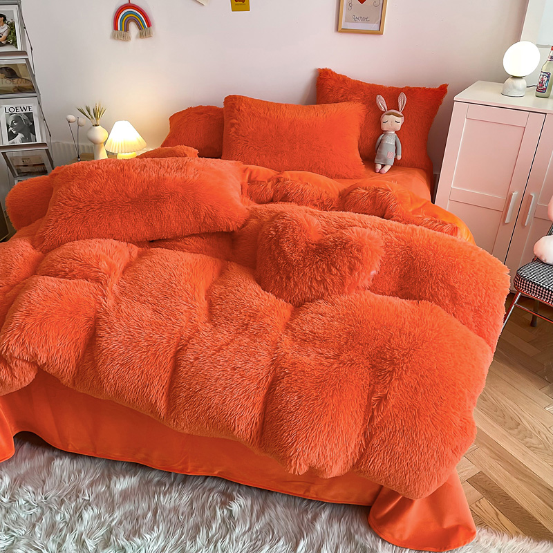 Bright Orange Luxury Shaggy Warm Mink Velvet Crystal Bedding Set for 1.8m 6 feet Beds