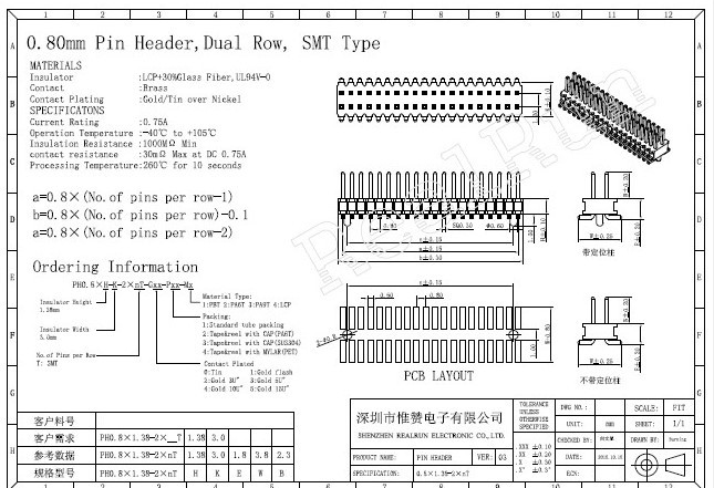 2x15 30 Pin Header Connector Double Row SMT Type 0.8 Mm Pitch Connector