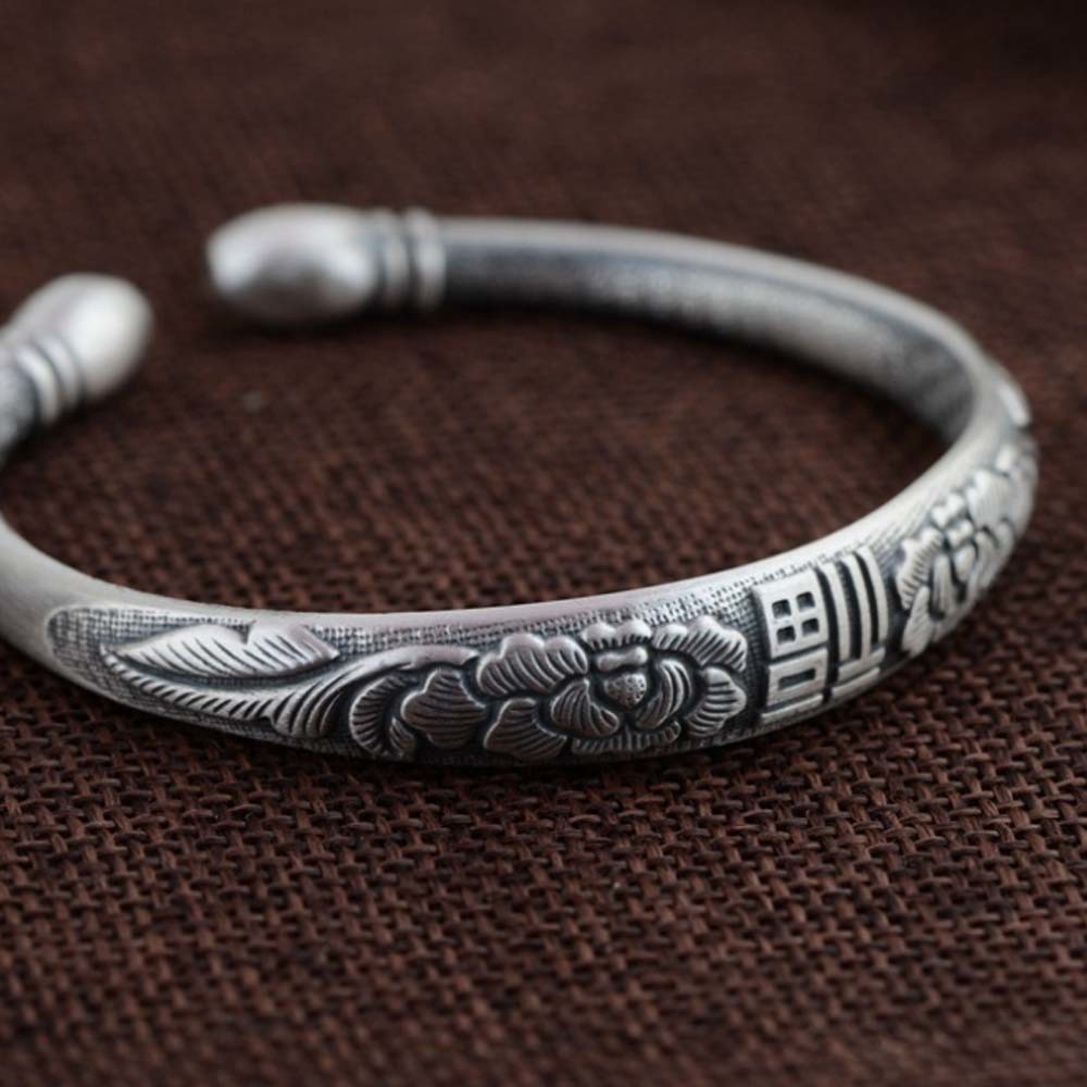 Women Sterling Silver Cuff Bracelet Engraved Fowers Blessings Retro Bangle (055733)
