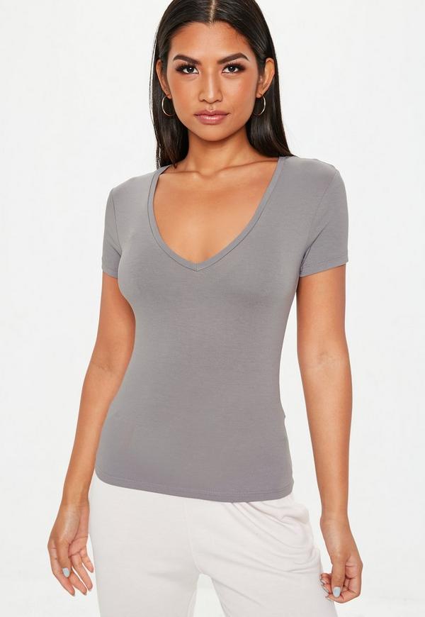 Grey V Neck Fitted T Shirt Clothing Women