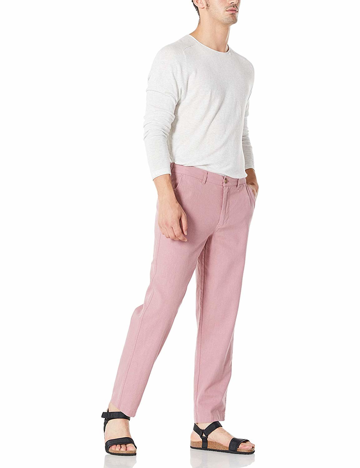 Solid Color Straight Leg Mens Casual Linen Pants Flat Bottom Hem Trousers