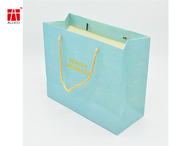 Custom Design Ribbon Handle Blue Jewelry Cosmetic Gift Clothing Shopping Packaging Bag