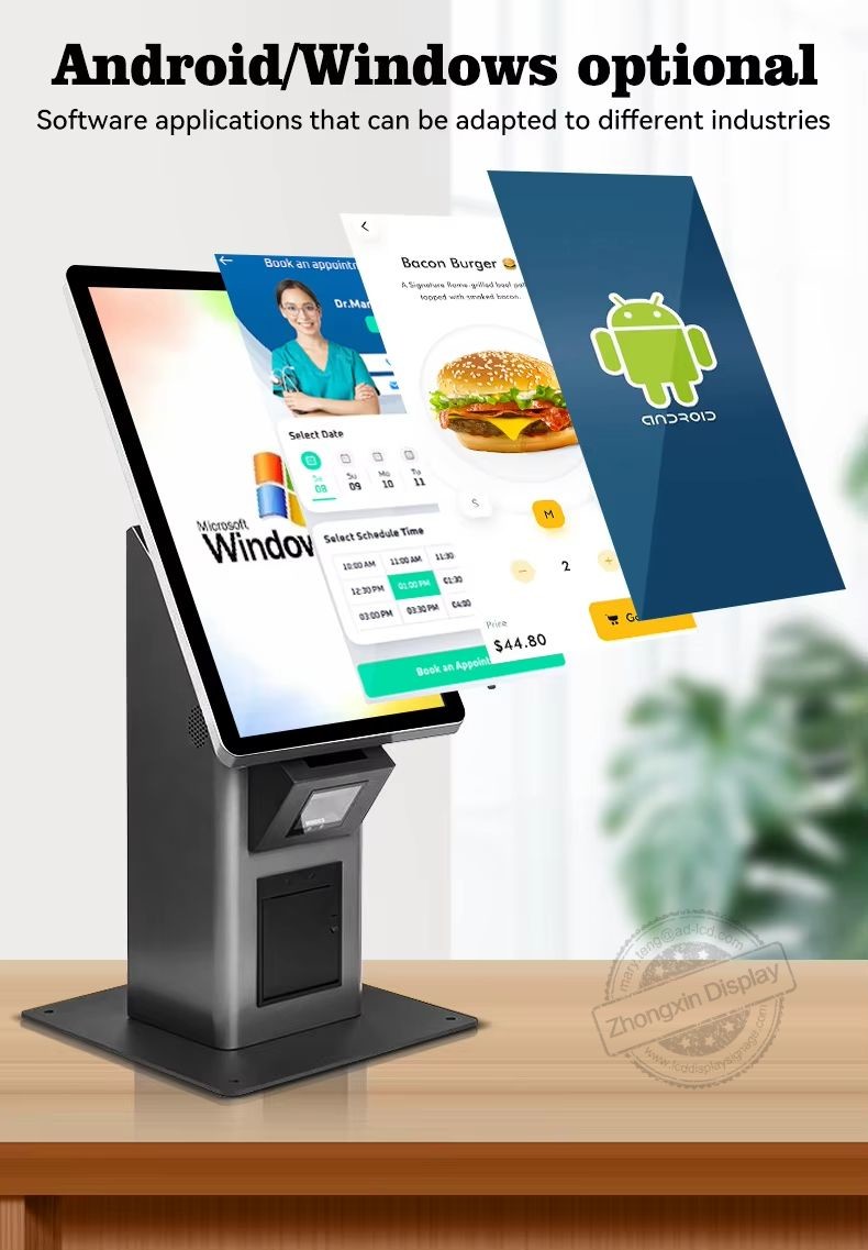 Commercial Standing Android Fast Food Restaurant Touch Screen Kiosk With Pos Barcode Scanner Ticket Printer Options