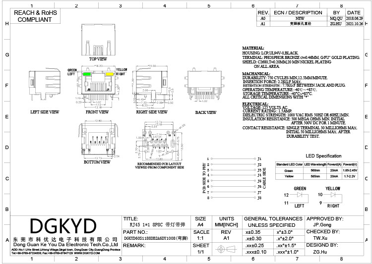 DGKYD60S1188DB2A6DY1008 Female RJ45 Single Port 1X1 8P8C Jacks With LED Metal Shielded