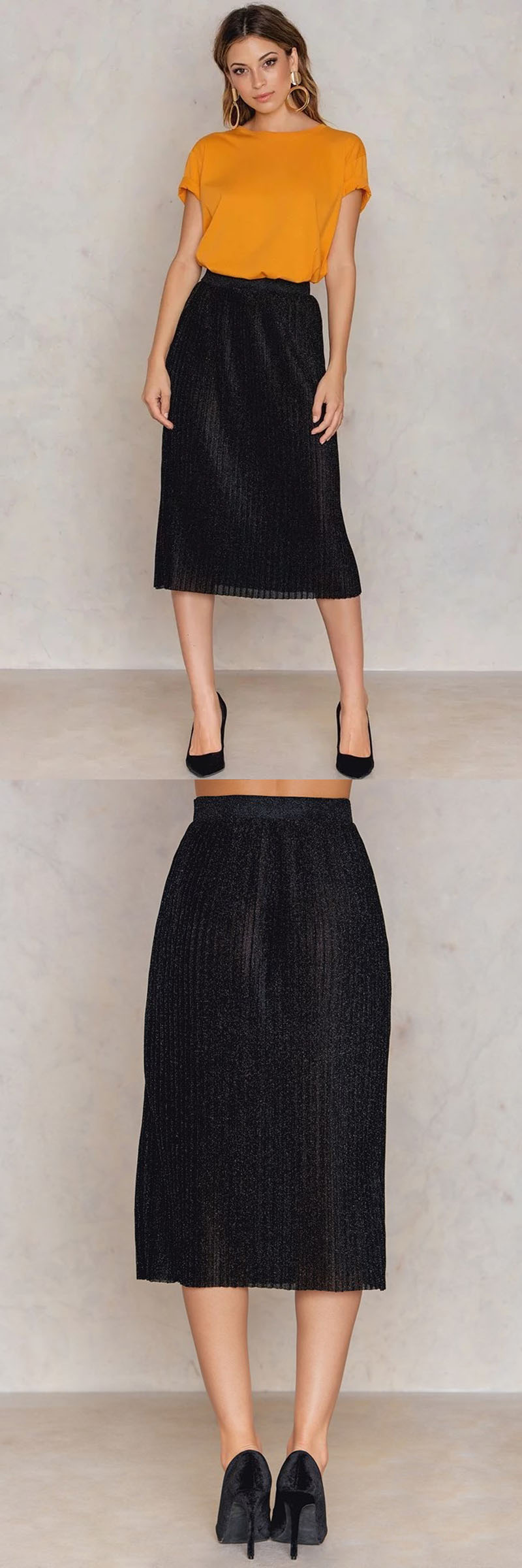 Women Clothing 2017 Midi Pleated Sparkle Skirt