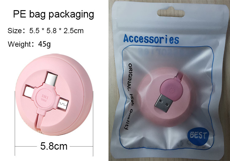 2.1A Mobile Phone Cables Retractable Flat 3 In 1 USB Charging Cable Type C Micro Charger