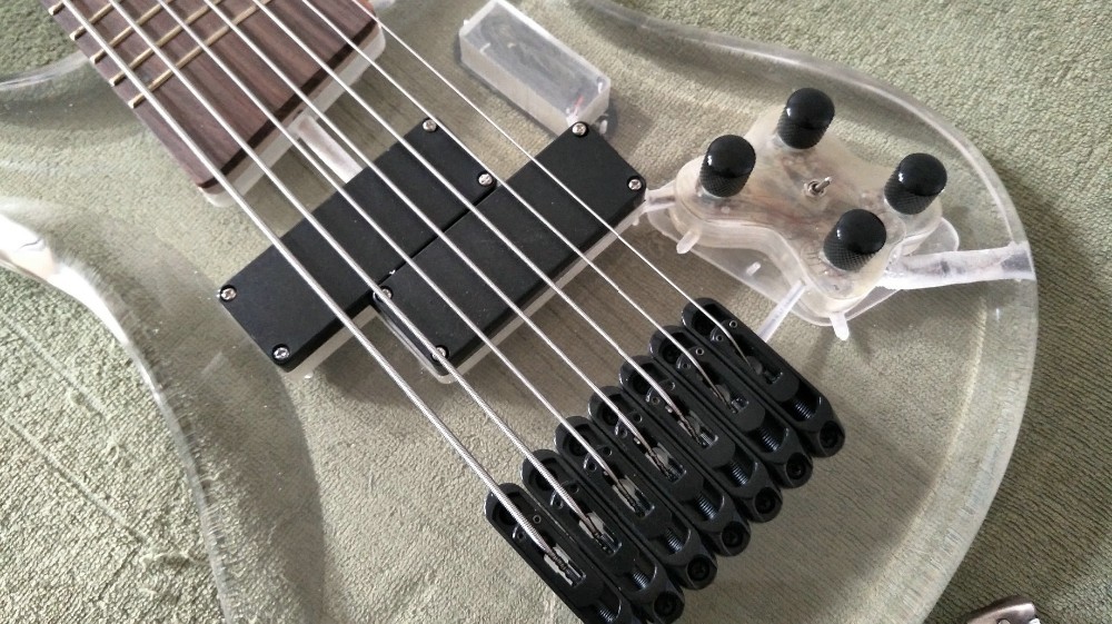 7 Strings Bass Guitar Limited Edition Clear Acrylic Body Rosewood fingerboard inlay Blue LED lamp Electric Bass Guitar