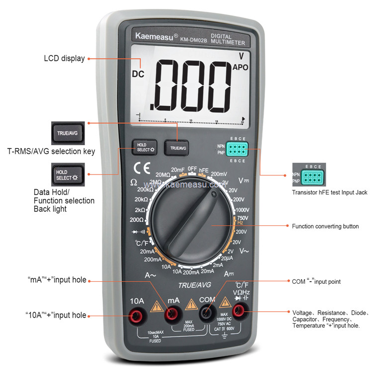 Kaemeasu 02B OEM ODM Electric Multimeters True RMS Current Resistance Capacitance Voltage Meter Tester