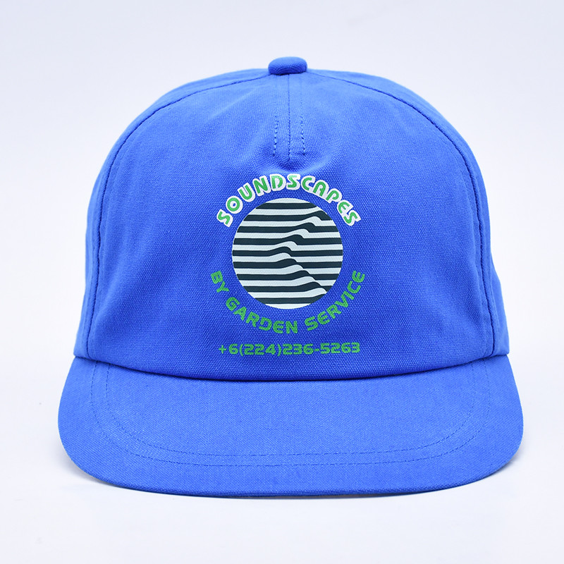 High quality custom printed snapback caps blue unstructured 5 panels flat brim outdoor soft hip hop hats for men