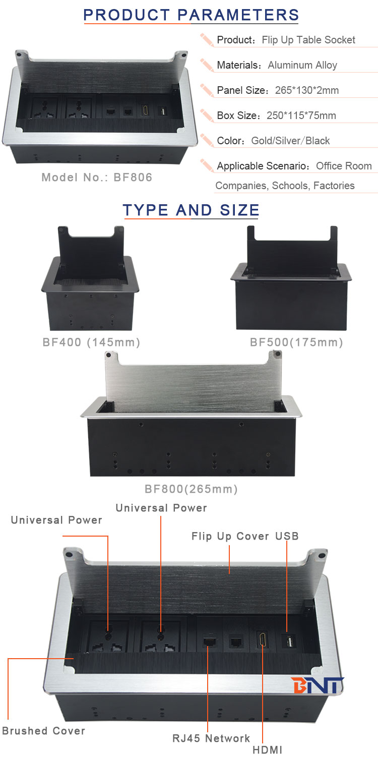 BNT SASO approved integrative desktop power outlet built in video conference manual rotate with RJ45/USB data/1.5m cabl
