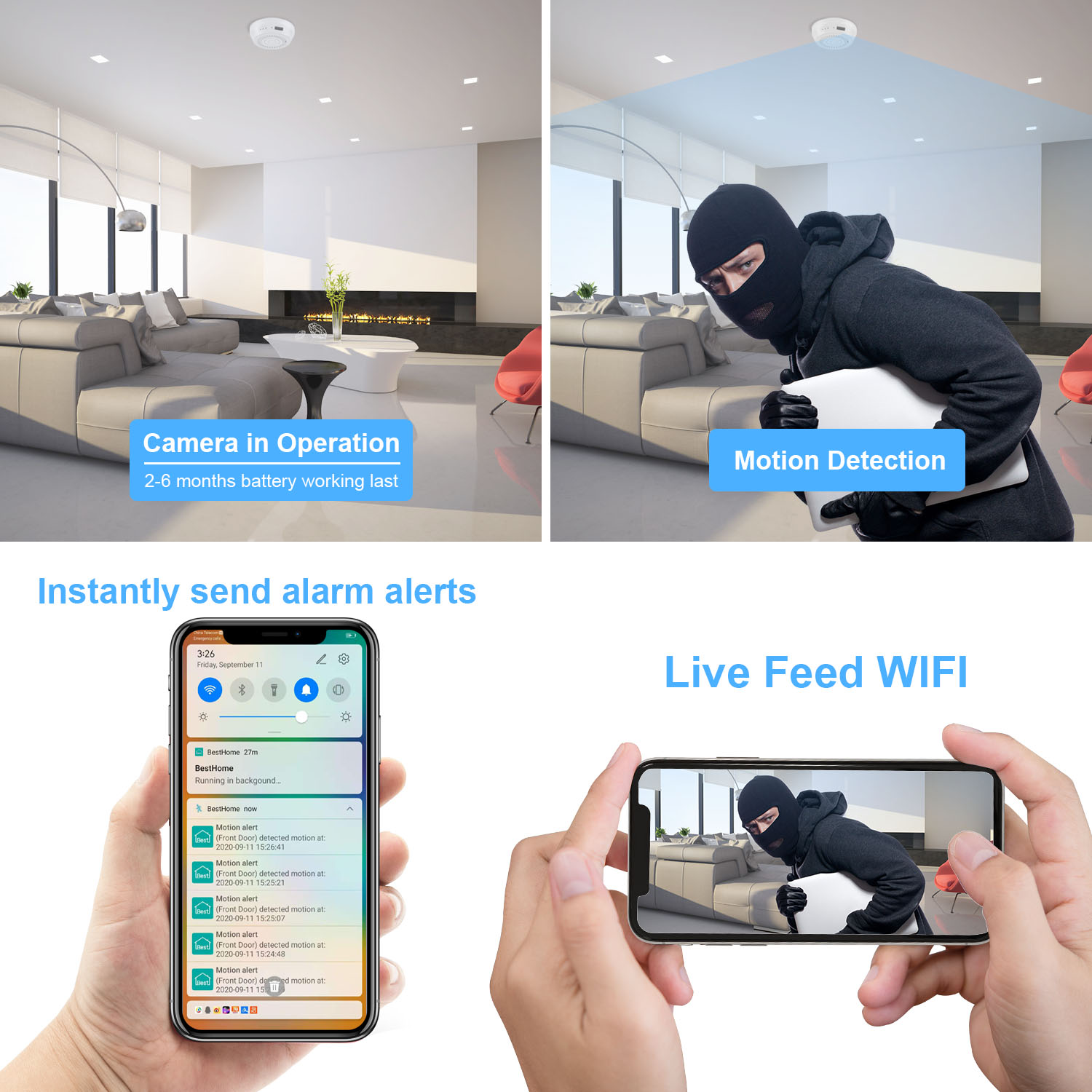 FCC Approve 130Degree Motion Activated Smoke Detector , Remote Control Spy Cam