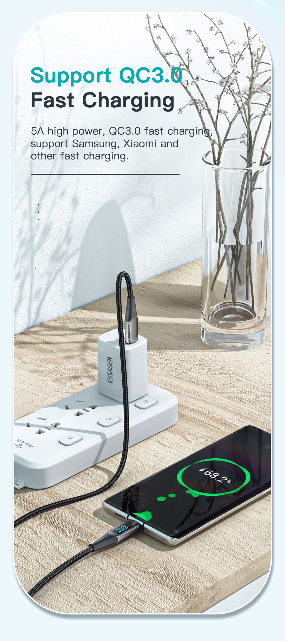QC3.0 Usb C To C Cable Led Fast Charger Type C Cable 5a 100w