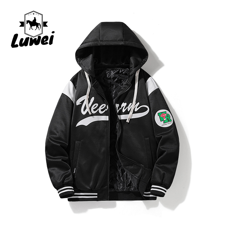 Fashion Hip Hop Streetwear Outdoor Embroidery Utility Motorcycle College Hooded Baseball Men Jacket with Custom Logo