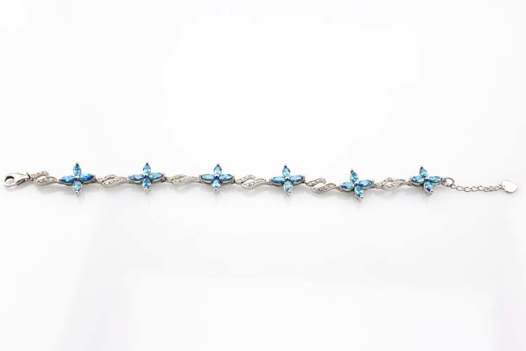 925 Silver Jewellery Quatrefoil Blue Topaz Cubic Zircon Tennis Bracelet (B04BLUE)