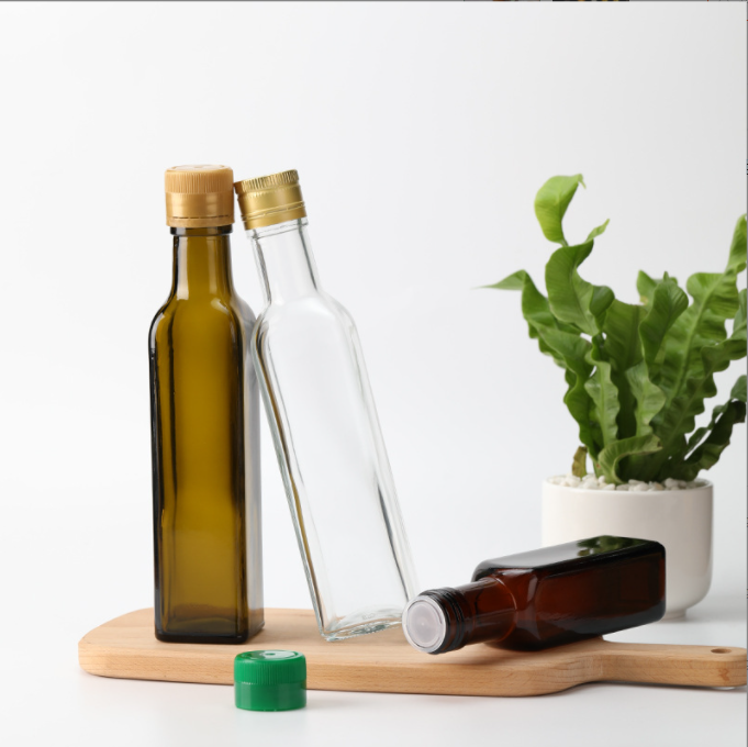 Glass Collar Clear 500ml 750ml Dark Green Round Marasca Cooking Oil Bottle With Lid