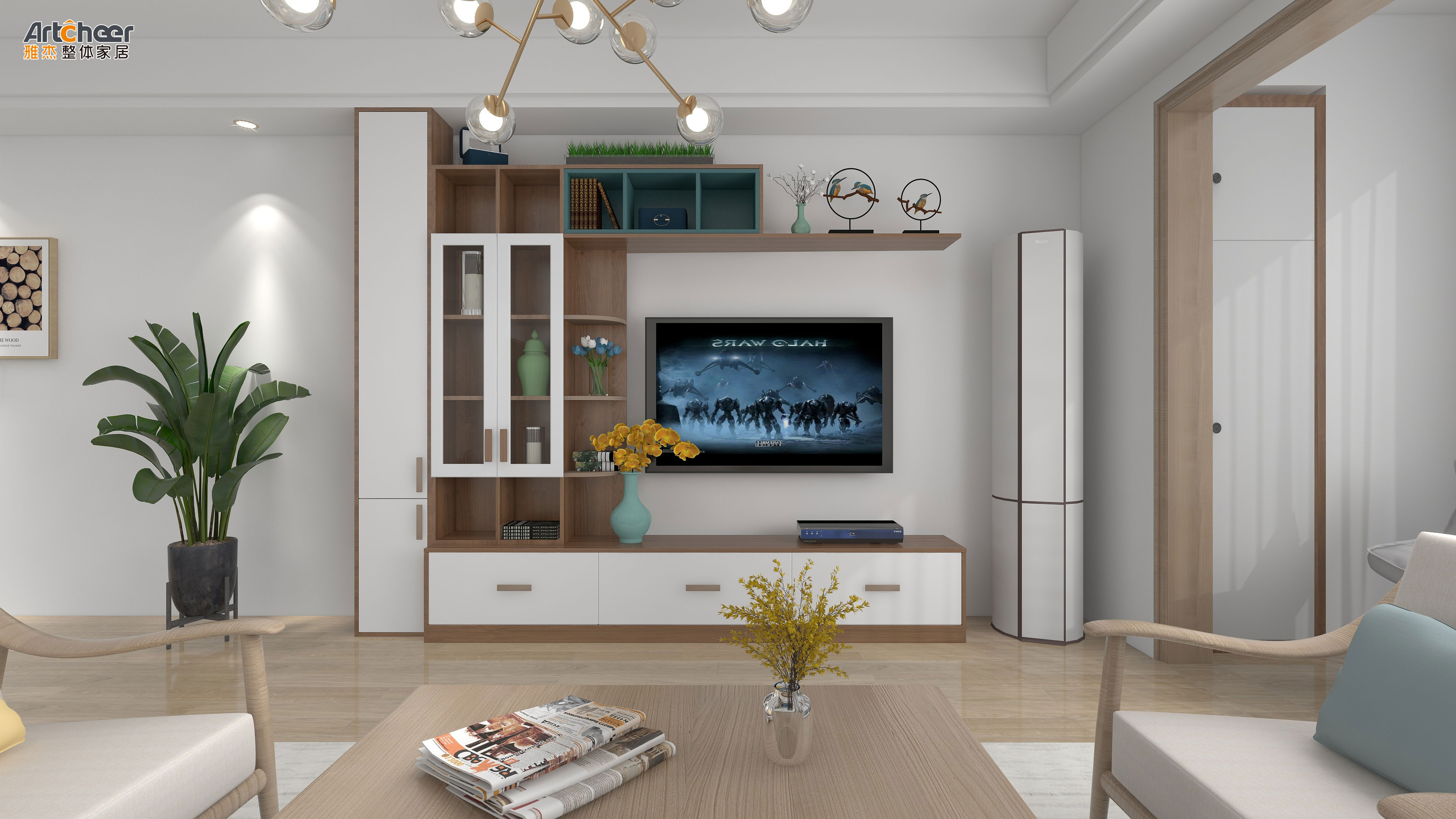 Home Furniture Simple LED TV Wall Mount Stand Cabinet with Sliding Doors in Indonesia