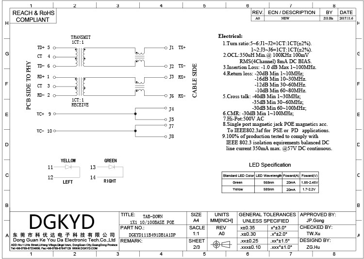 DGKYD111B491DB1A1DP 1000 Base-T 10p8c PoE RJ45 Jack Ethernet Connector RJ45 With Magnetics, Headers And PCB Receptacles