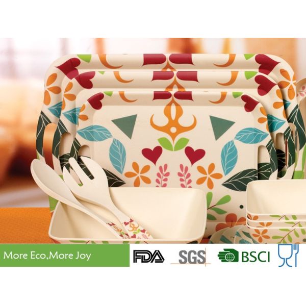 BSCI Audi Factory Bamboo Fiber Tray with side handles Bread Coffee Serving Tray Fruit Tray with food grade prints