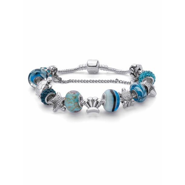Round Blue Crystal "Sea Life" Turtle and Starfish Charm Bracelet Silvertone 8" Length