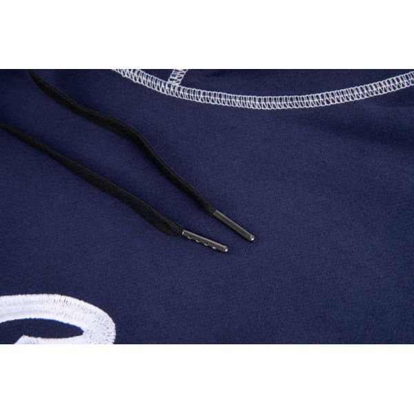 Navy Oversized Relaxed Fit Fleece Hoodie with Contrast Flatlock Seams and Back Slogan Print