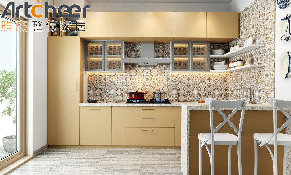 High End Mobile Design U Shape Kitchen Cabinet with Marble Stone Top and Gloss Finish
