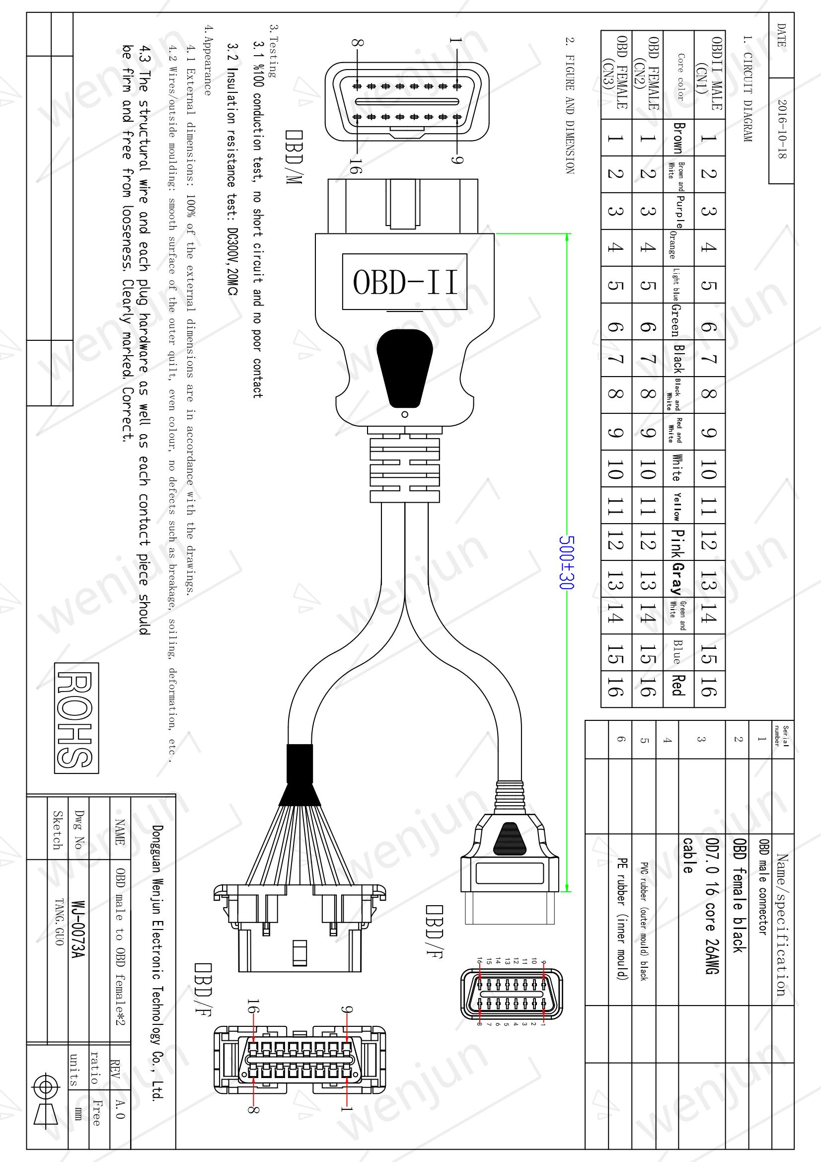 Automotive Black OBD2 Y Cable One To Two Plug Length 50cm ABS Material