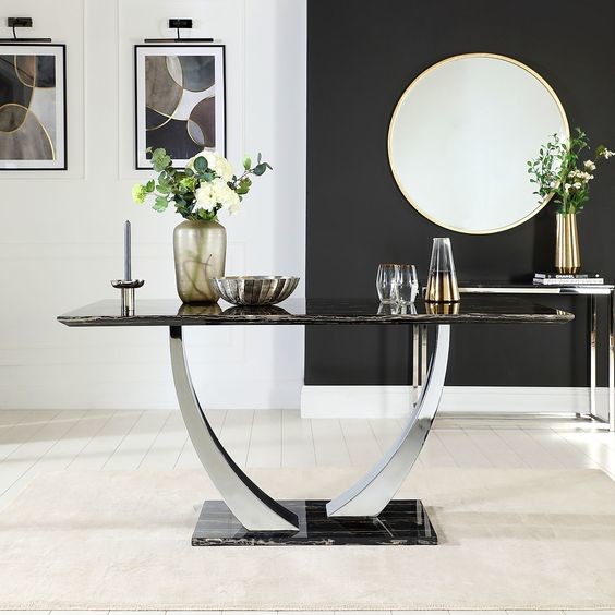 Stainless Steel Silver Black Marble Top Dining Table Set Luxury Modern Dining Tables 150X90X75