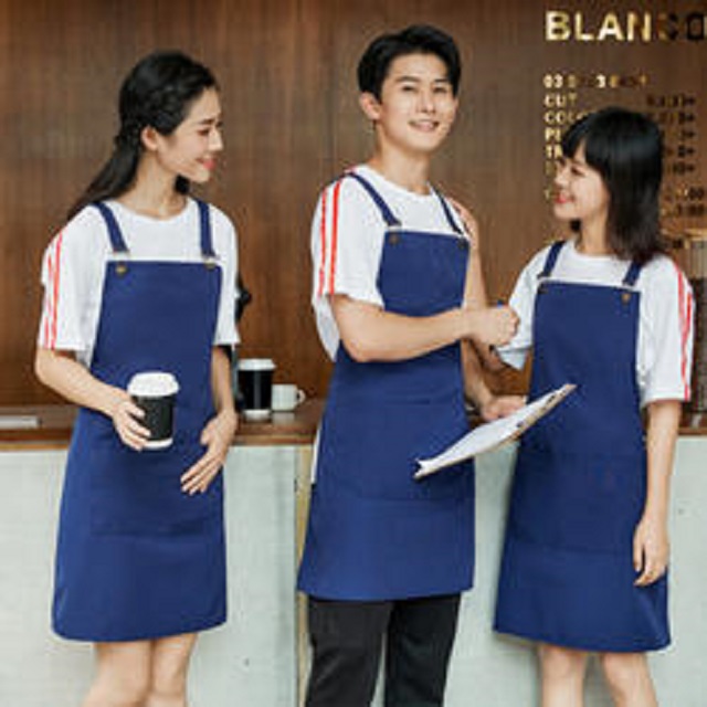manufacture process and custom polycotton water proof apron with pocket and buckle adjustable shoulder strap
