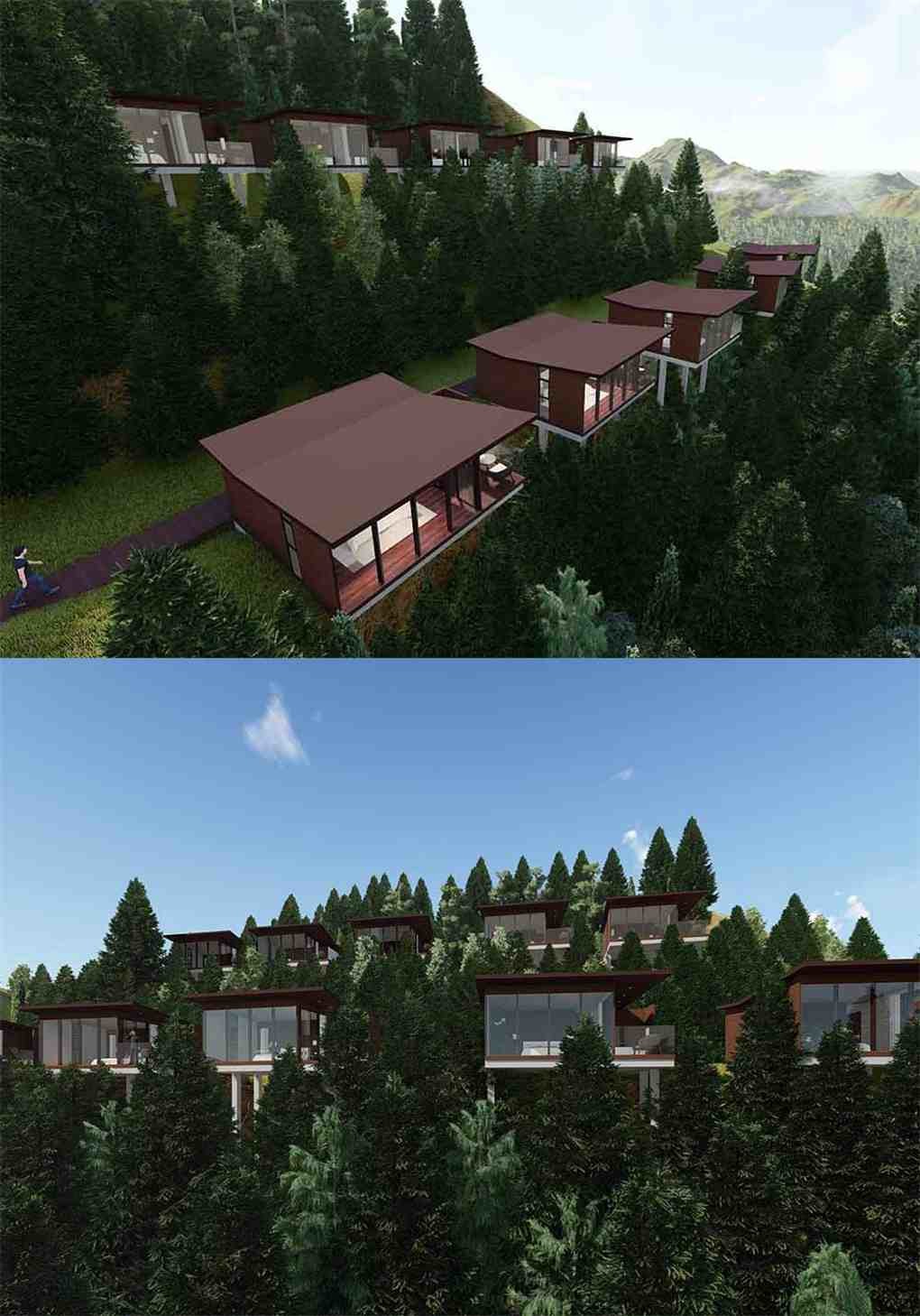 Tall Prefabricated Wooden Houses Gray / Wood Color Waterproof For Mountain Top
