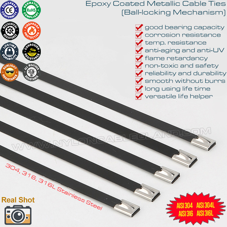 Polyester Coated 304/316 Stainless Steel Cable Ties, Epoxy Coated Metal Cable Tie 15mm x 400mm (800 lbs) for Machines