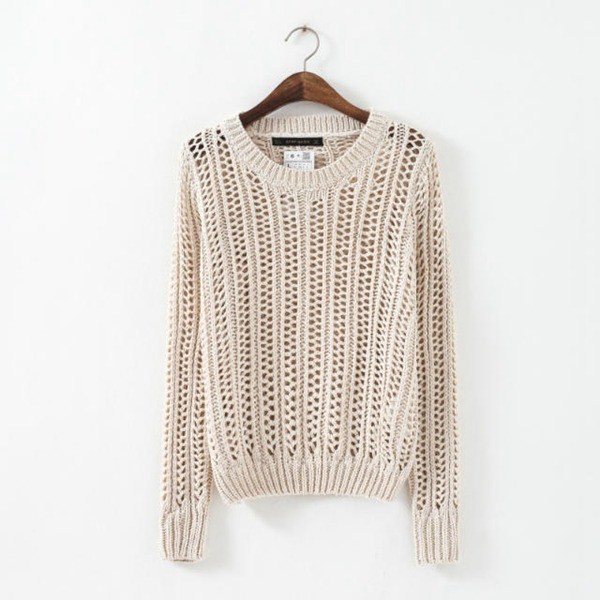 Crochet,Sweater Three Quarter Sleeve Hollow out Casual Crochet Knitted Sweater Women Jumper Pullovers