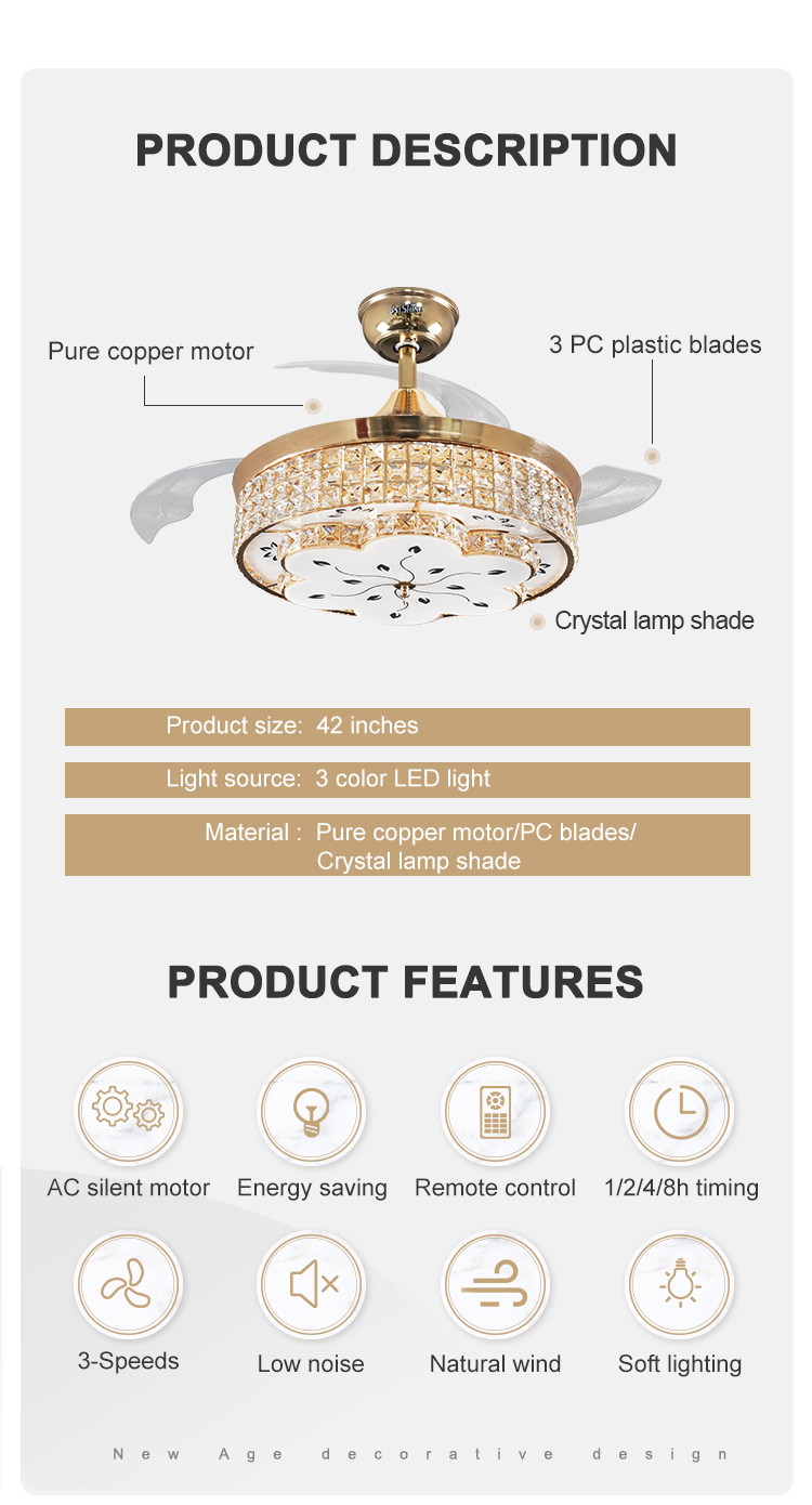 3000K Color Temperature 42 Inch LED Ceiling Fan with Hidden Blades and Design