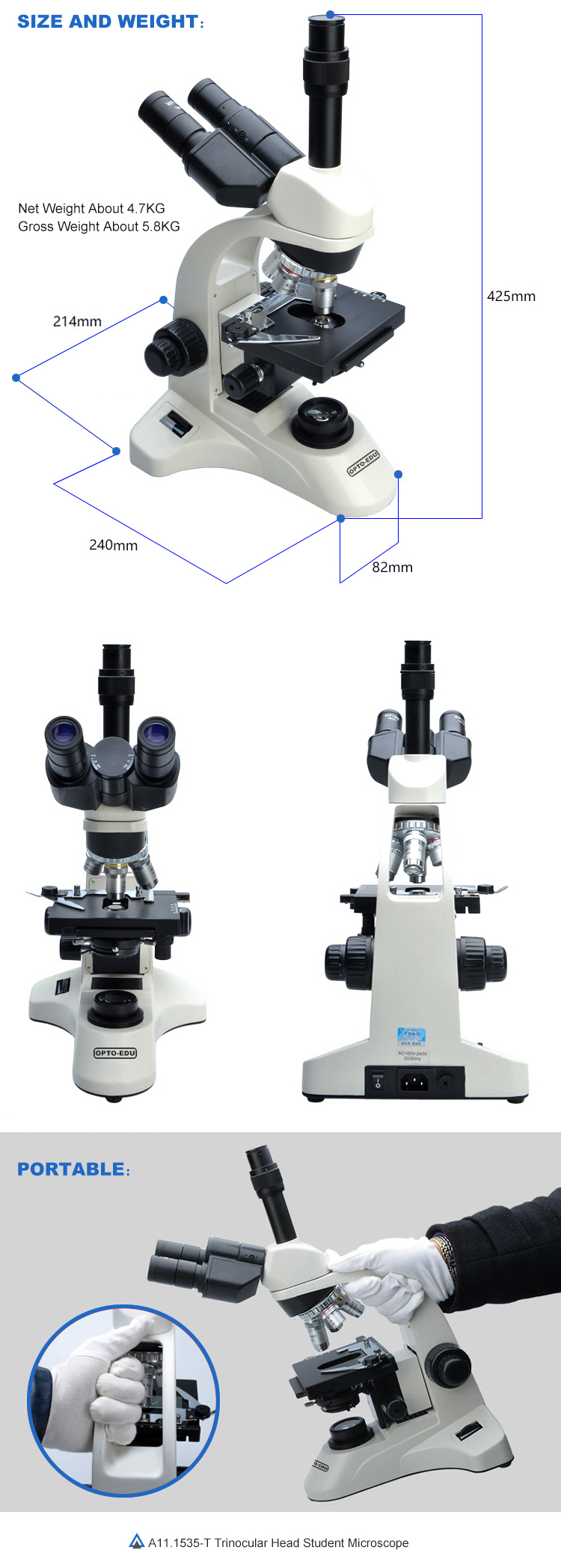Student Optical Compound Microscope A11.1535 With LED Light Source , WF10X/18mm Eyepiece
