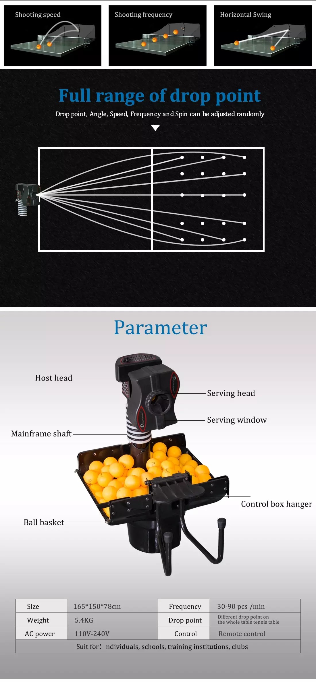 Multifunctional 150balls Table Tennis Machine Plastic Black Color