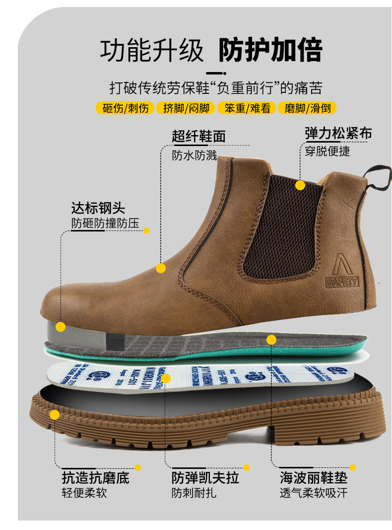 Kevlar Midsole Men's Safety Boots Microfiber Upper Rubber Sole Work Shoes
