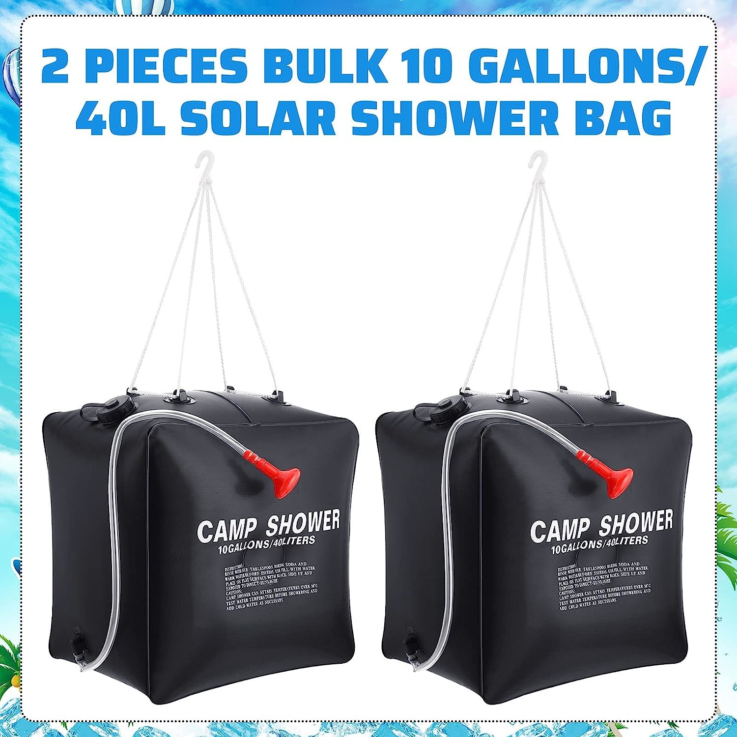 10 Gallons/ 40L Solar Camping Showers with Hot Water Portable Camping Shower Bag Removable Hose Shower Nylon Ropes