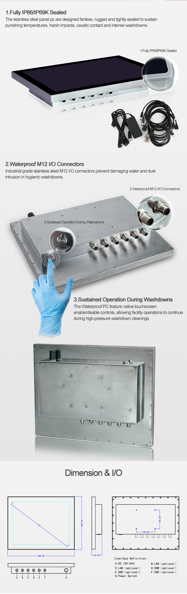 Capacitive 15 Inch SUS304 Stainless Steel Panel PC IP69K Waterproof