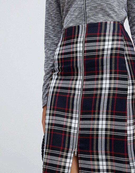 2019 fashionable new arrival tartan with zip detail midi skirt