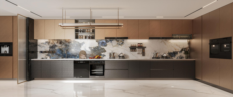 Sophisticated Residential Stainless Steel Kitchen Cabinets With Deep Gray And Brown Accents