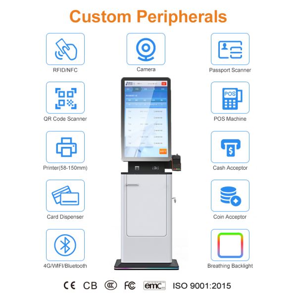 27 32.Inch Payment Terminal Floor Stand Self Service Touch Screen Passport Scanner Ticket Printer Hotel Check in Payment Kiosk