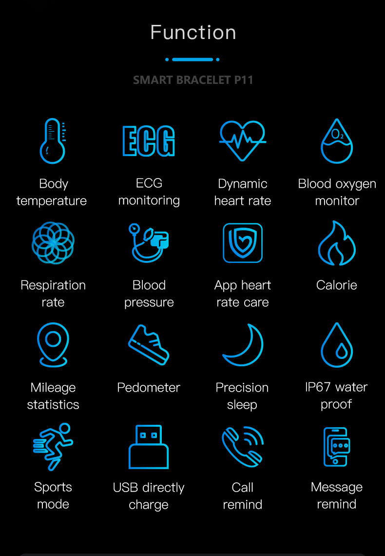 Detecting PPG ECG Temperature Bracelet IP67 Smart Bracelet Heart Rate Blood Pressure