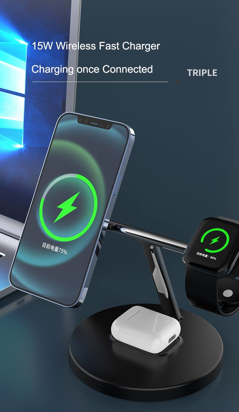 Fast 3 In 1 Wireless Charger 15W Magnetic Wireless Charging Stand