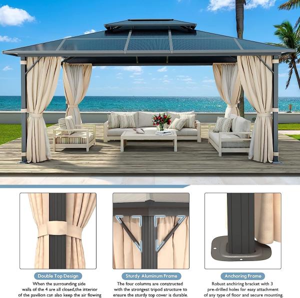 Gazebo Polycarbonate Double Roof Canopy Outdoor Aluminum Frame Pergola,