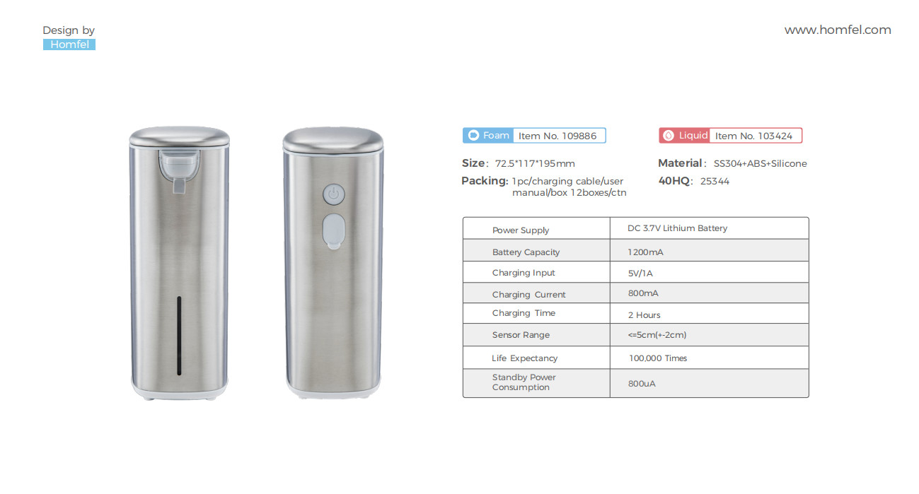 Touch-Free Rechargeable Sensor Liquid Soap Pump Dispenser , Polished Stainless Steel