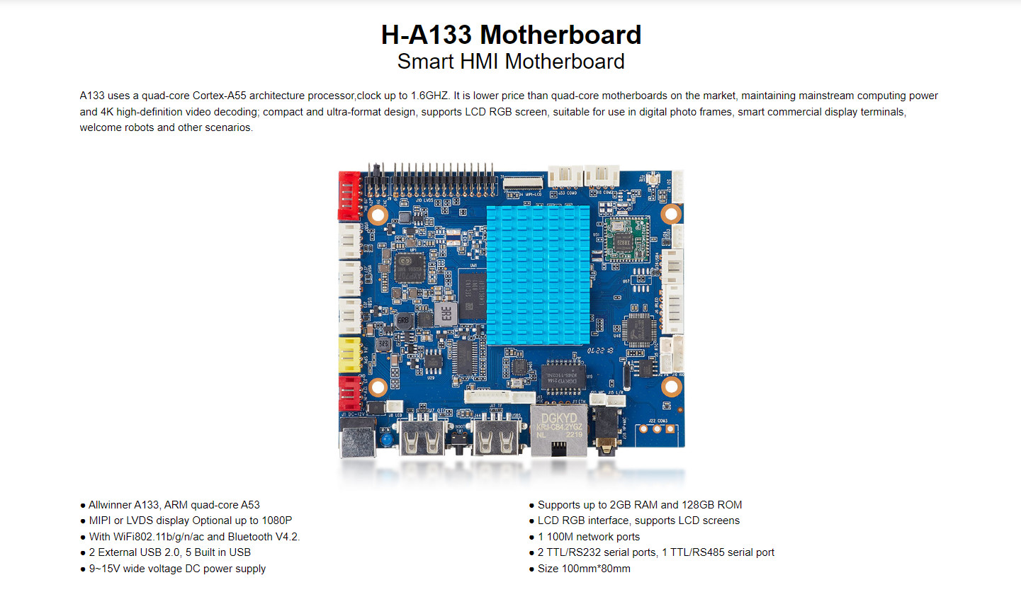 H-A133 Smart HMI Motherboard quad-core Cortex-A55 architecture processor 2 TTL/RS232 serial ports