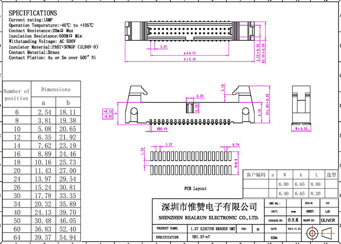 1.27 Mm Pin Header 68 Pin SMT Type Trough Hole Right Angle Header Connector