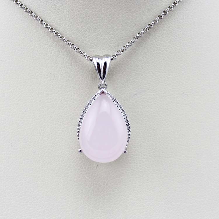 Sterling Silver Rose Quartz Cubic Zircon Drop Pendant Necklace (PSJ0160)