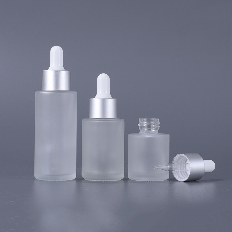Glass Cosmetic Containers Flat Shoulder Frosted Cosmetic Serum Dropper Bottle