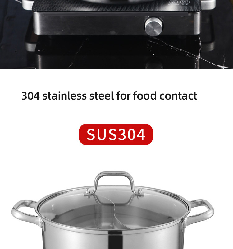 High Quality 18/8 Stainless Steel Pot Weldless Hot Pot Two-flavor Soup Pot Induction Cookware With Glass Lid