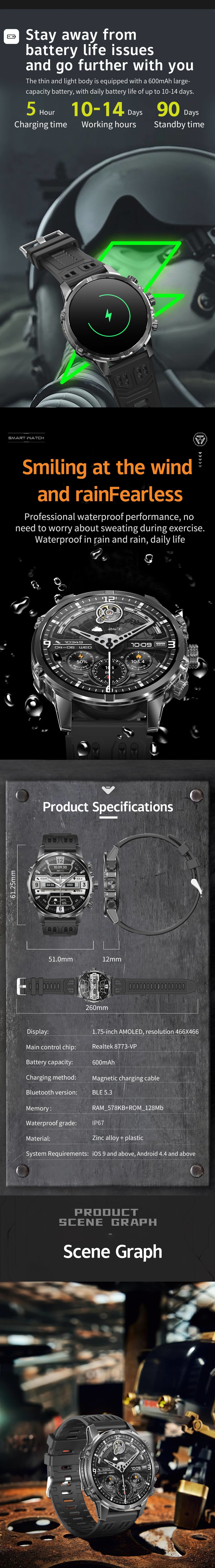 CF53 Outdoor Men Smart Watch With Flashlight 1.75Inch Amoled Heart Rate 600mAh Battery